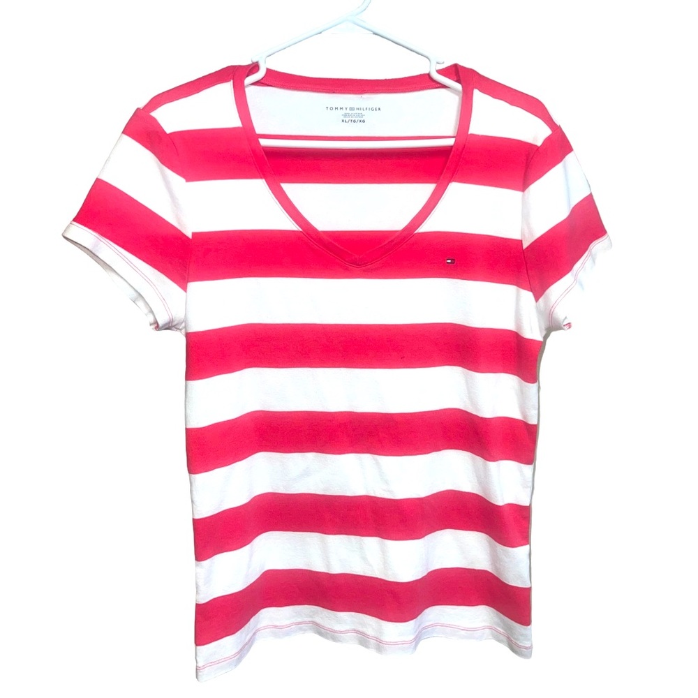 Women’s Tommy Hilfiger Striped Swoop Neck cotton T-Shirt Pink & White Size XL
